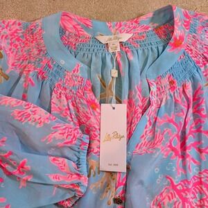 Lilly Pulitzer Elsa Top Royal Coral Silk Blouse Blue Pink XL 000657 NEW
